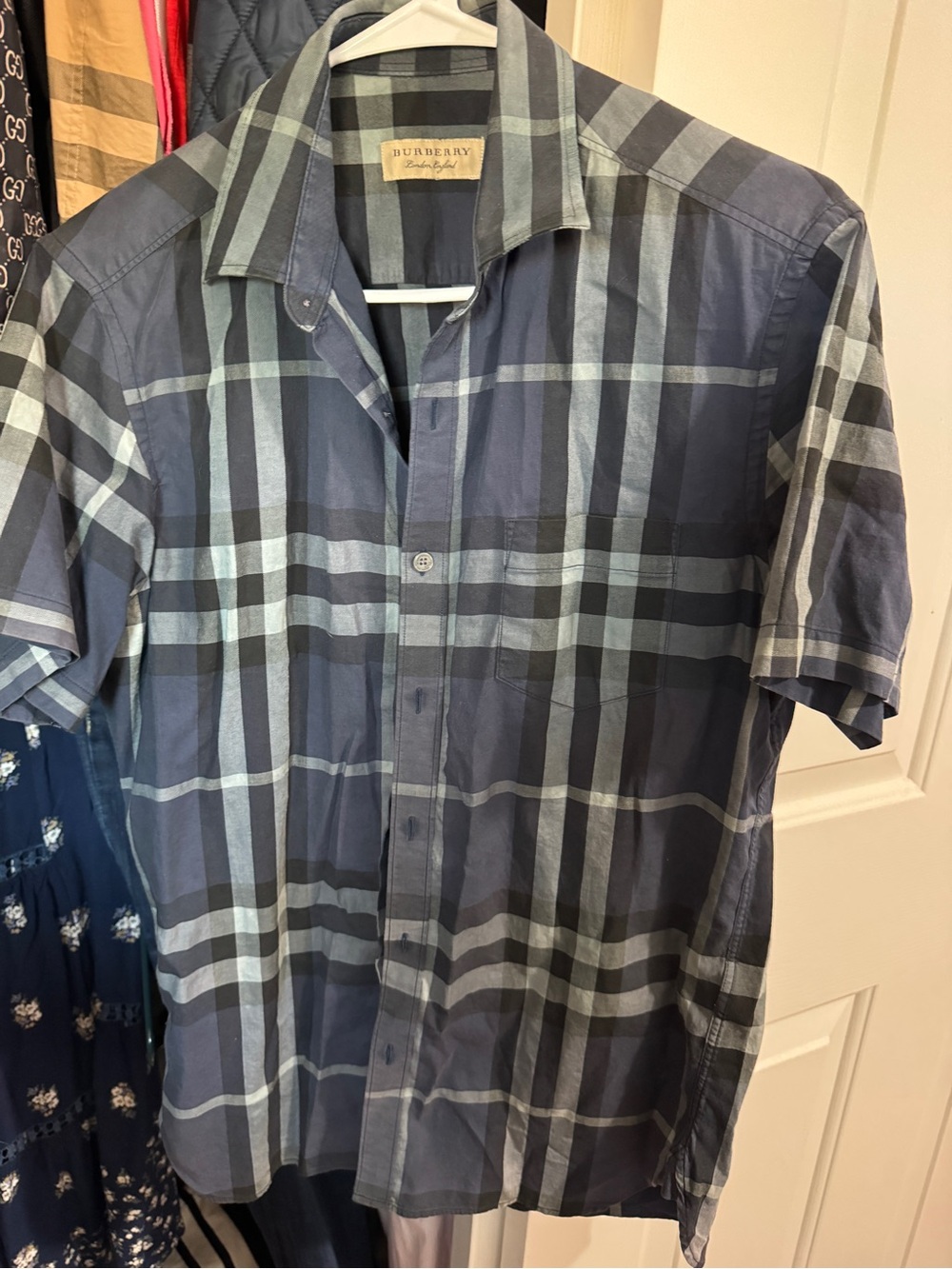 Burberry Men's Blue and Gray Plaid Short-Sleeve Button-Down Shirt